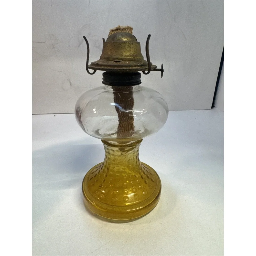 Vintage ‎ Hobnail  to Clear Orange/Amber Glass Oil Kerosene Lamp